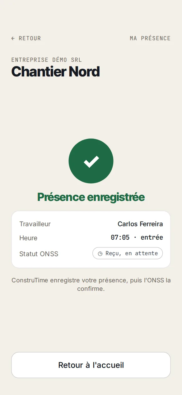 Présence enregistrée depuis le smartphone du travailleur